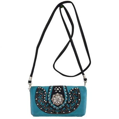 Western Style Conchos Studded Floral Women Trifold Wallet