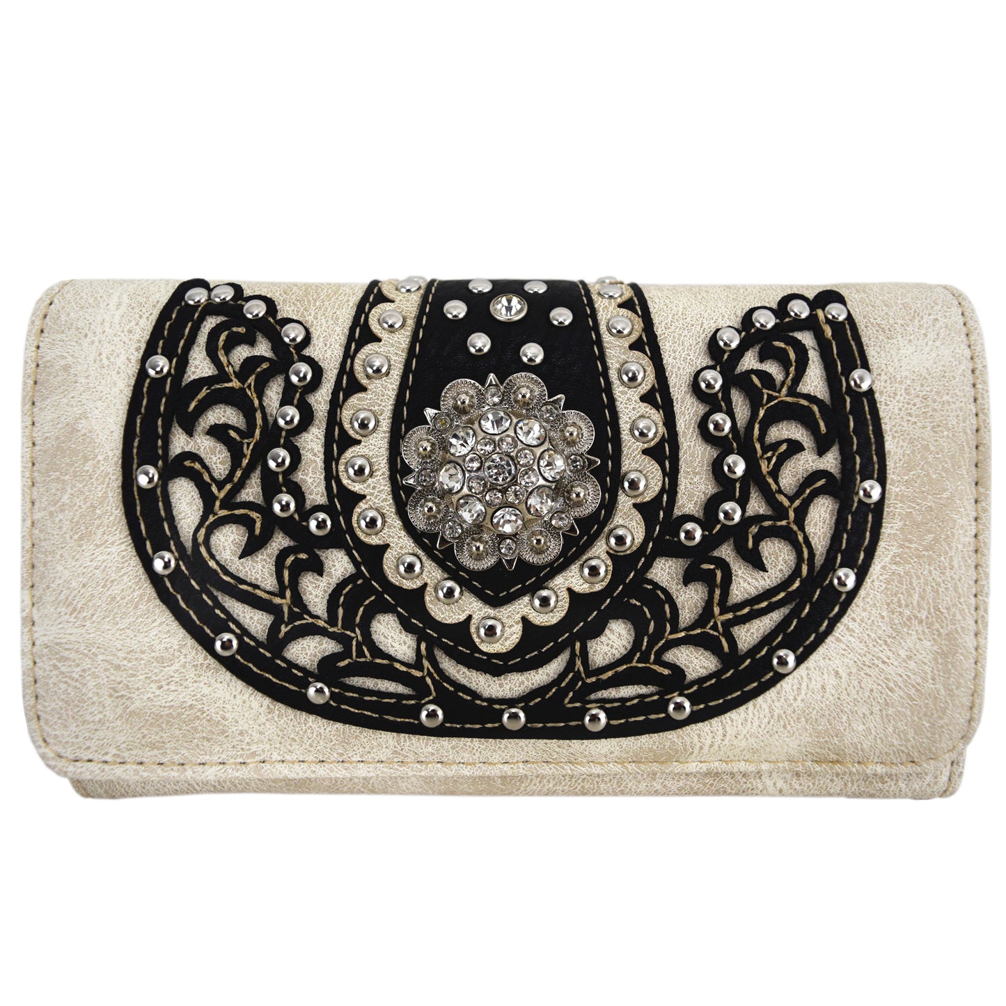 Western Style Conchos Studded Floral Women Trifold Wallet