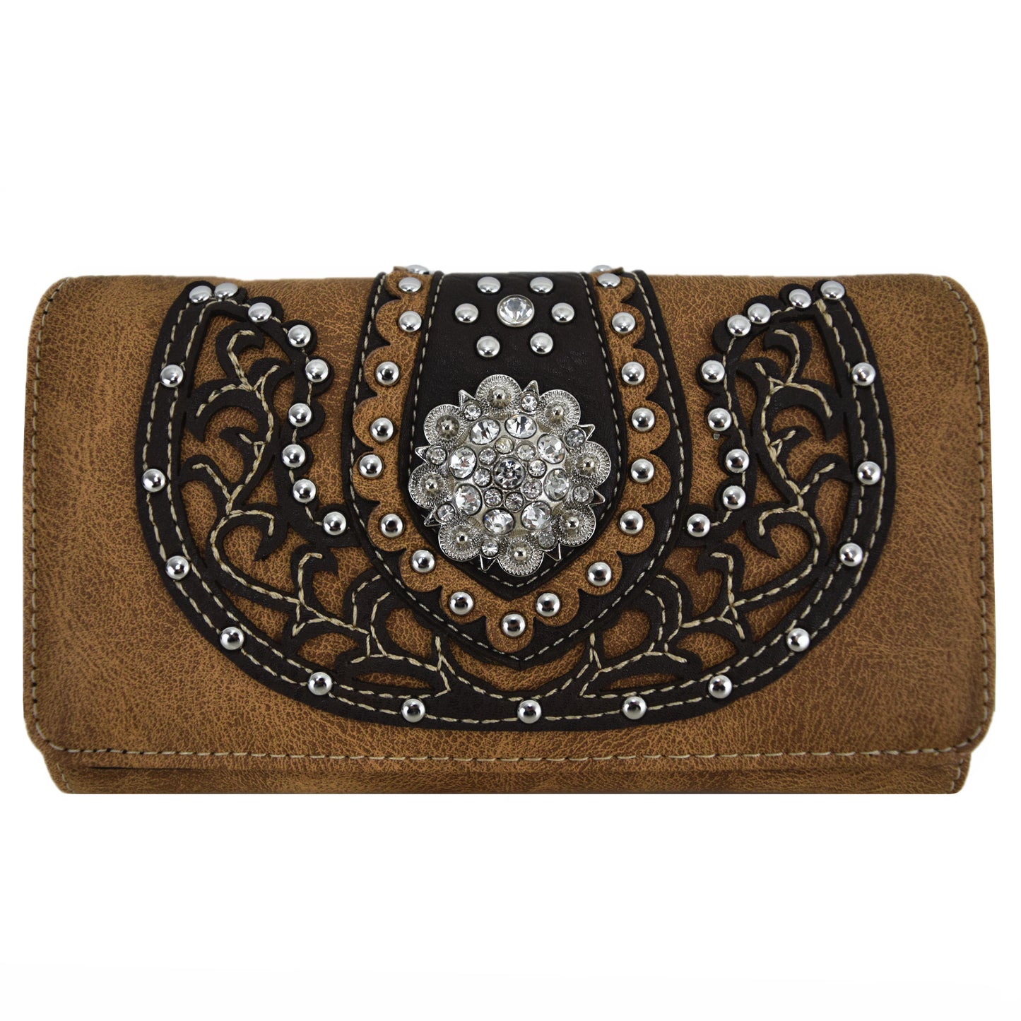 Western Style Conchos Studded Floral Women Trifold Wallet