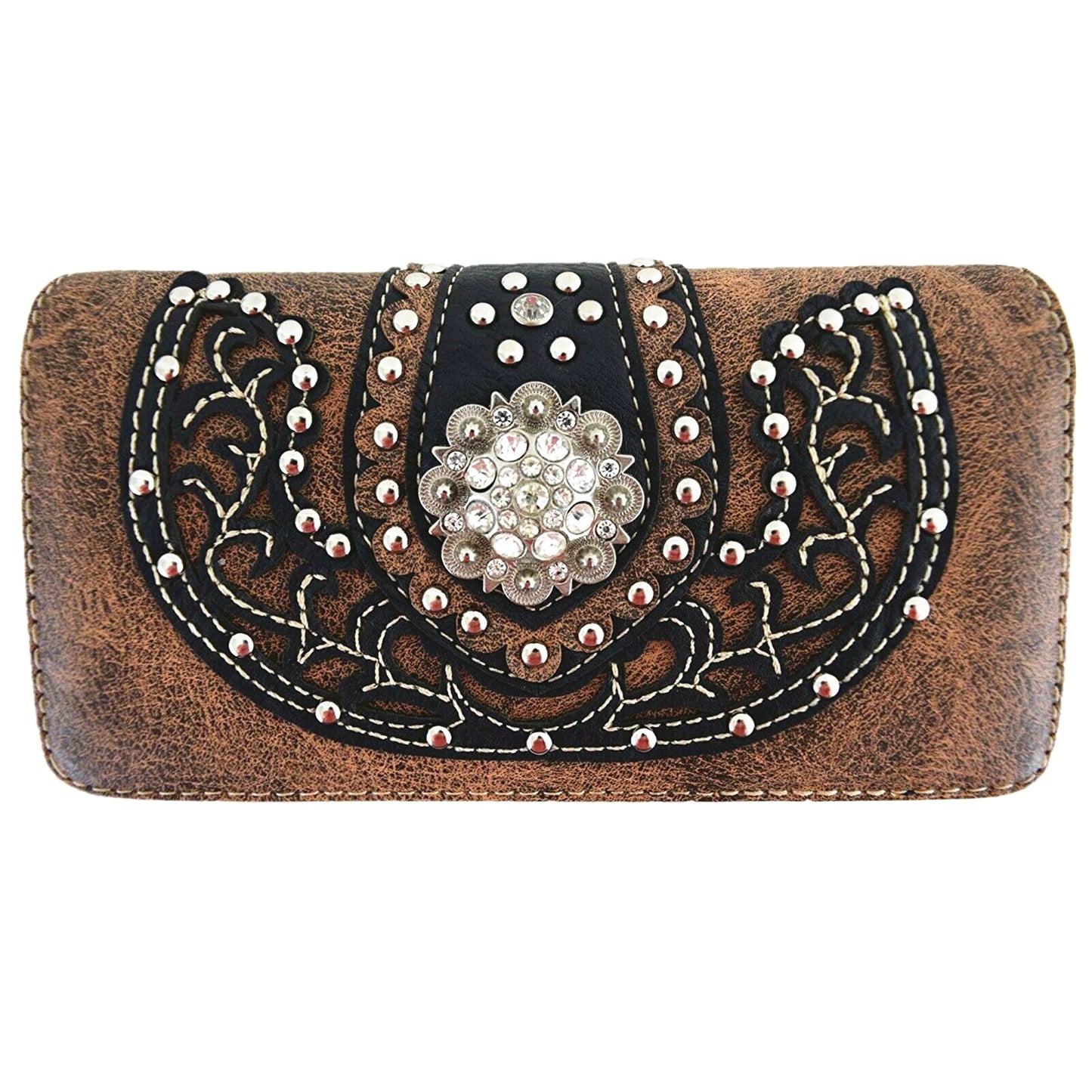 Western Style Conchos Studded Floral Women Trifold Wallet