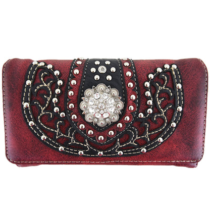 Western Style Conchos Studded Floral Women Trifold Wallet