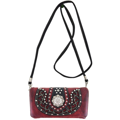 Western Style Conchos Studded Floral Women Trifold Wallet