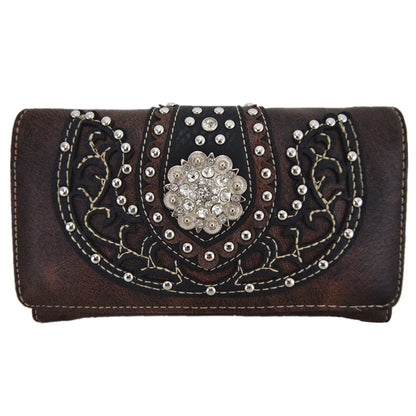 Western Style Conchos Studded Floral Women Trifold Wallet