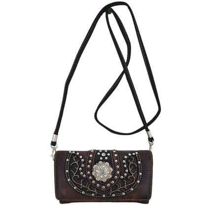 Western Style Conchos Studded Floral Women Trifold Wallet