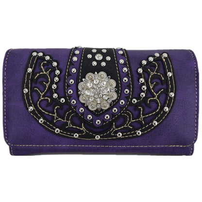 Western Style Conchos Studded Floral Women Trifold Wallet