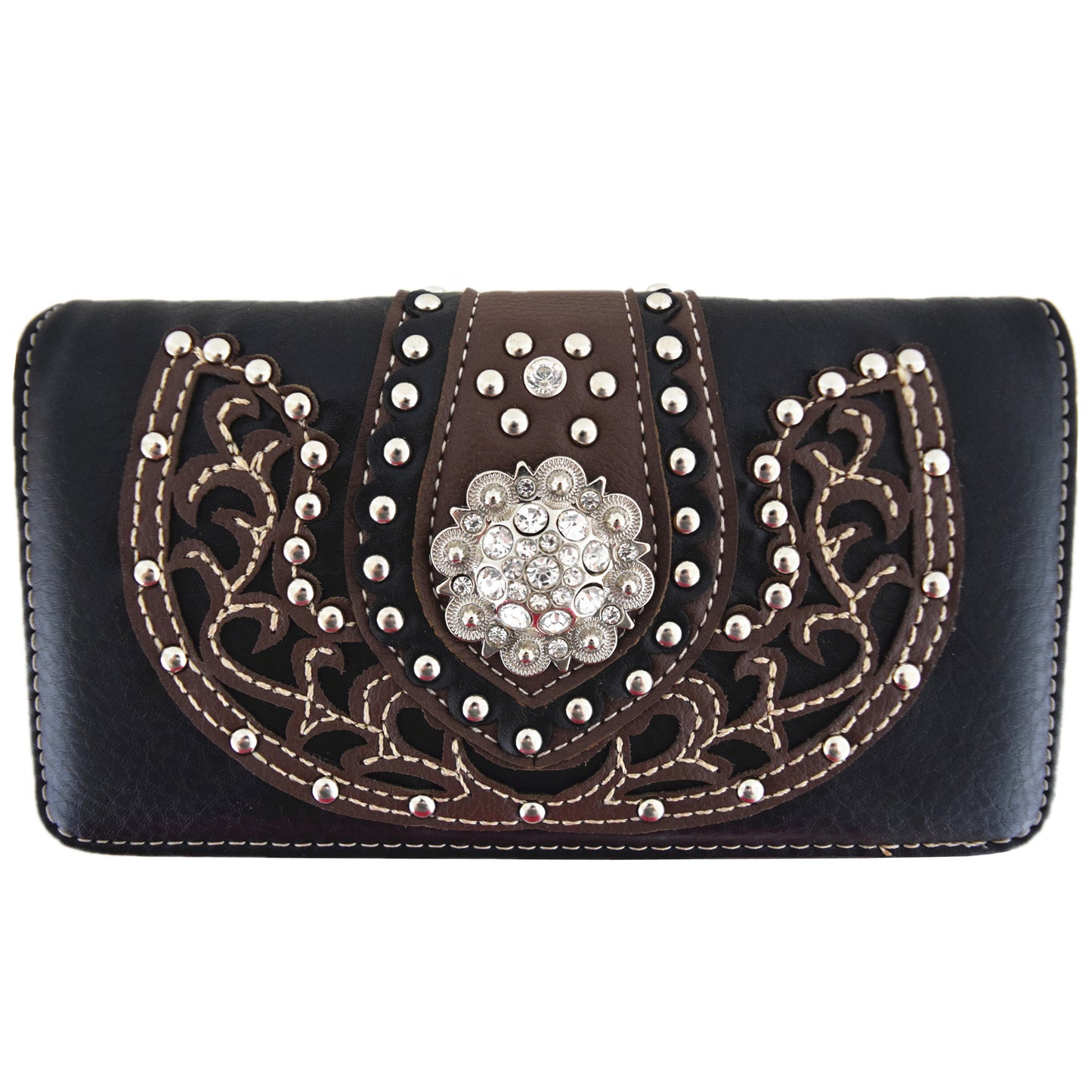 Western Style Conchos Studded Floral Women Trifold Wallet