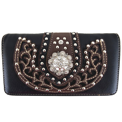 Western Style Conchos Studded Floral Women Trifold Wallet