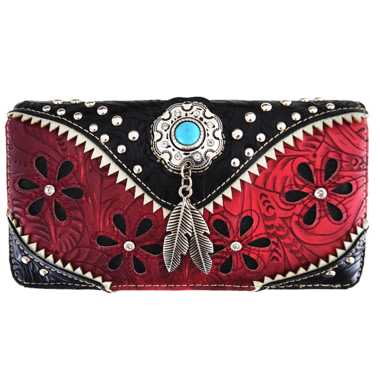 Tooled Leather Floral Laser Cut Flower Feather Purse Matching Wallet Set