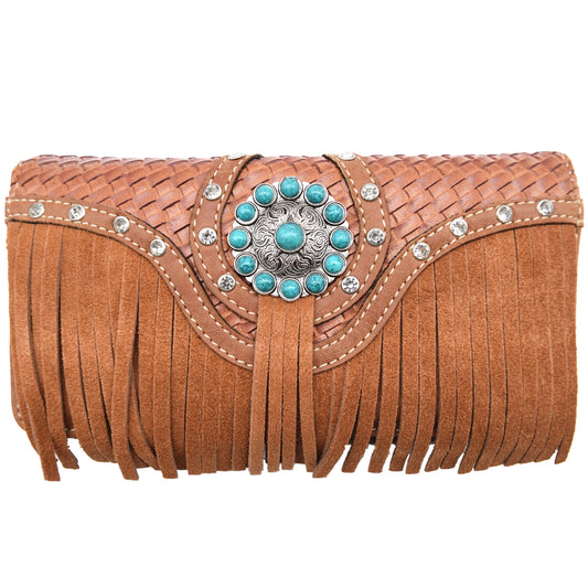 Western Style Fringe Conchos Studded Women Trifold Wallet