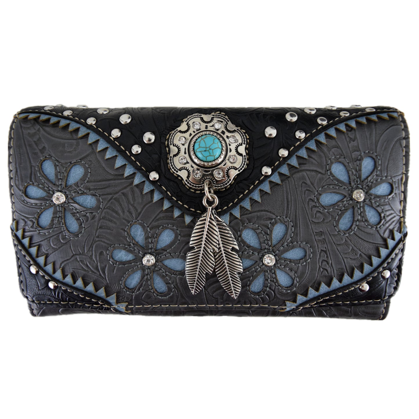 Tooled Leather Floral Laser Cut Flower Feather Purse Matching Wallet Set