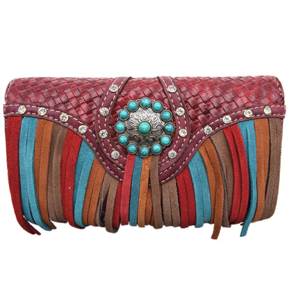 Western Style Fringe Conchos Studded Women Trifold Wallet