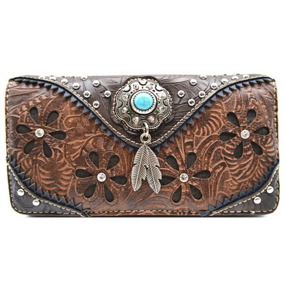 Tooled Leather Floral Laser Cut Flower Feather Purse Matching Wallet Set