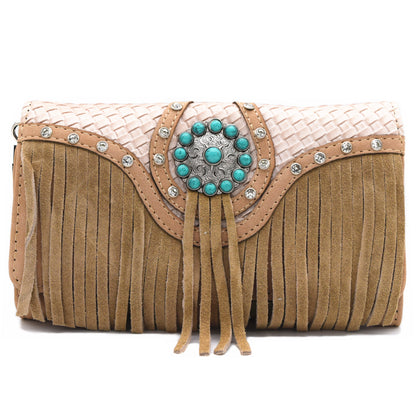 Western Style Fringe Conchos Studded Women Trifold Wallet