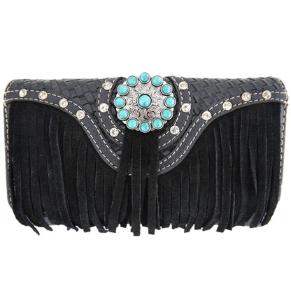 Western Style Fringe Conchos Studded Women Trifold Wallet