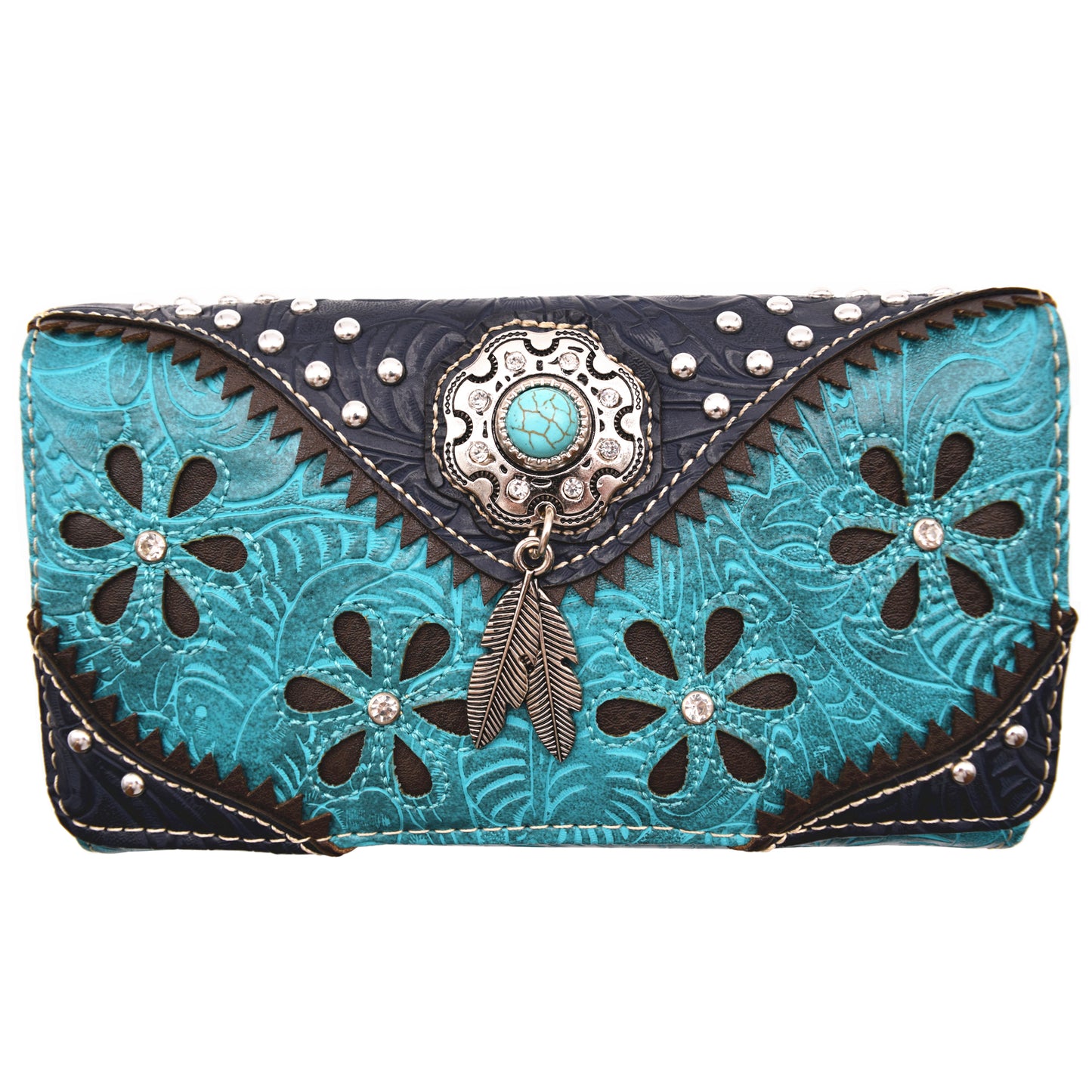 Tooled Leather Floral Laser Cut Flower Feather Purse Matching Wallet Set