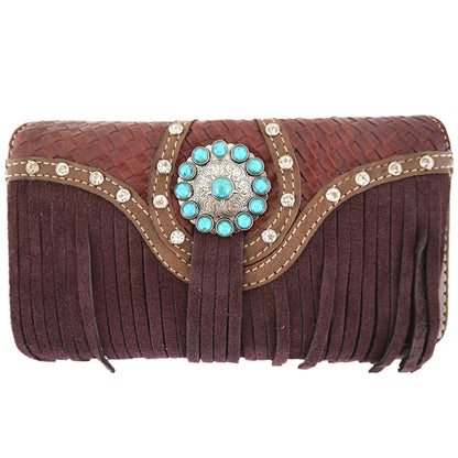 Western Style Fringe Conchos Studded Women Trifold Wallet