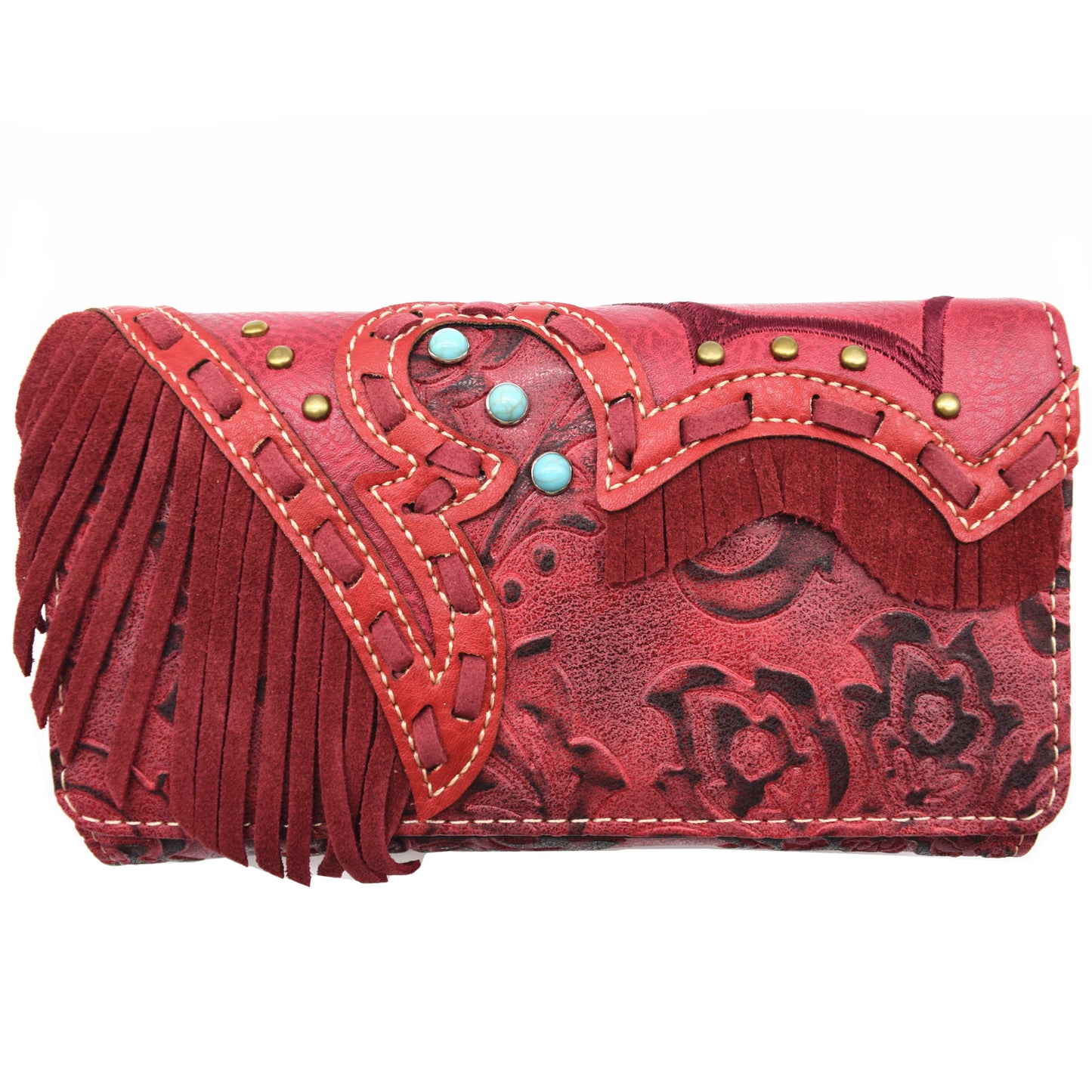 Western Style Fringe Tooled Leather Women Trifold Wallet