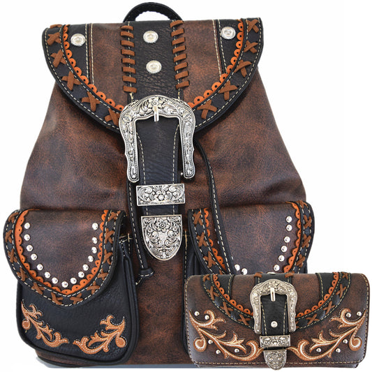 Western Style Tooled Buckle Women Backpack With Matching Wallet Set