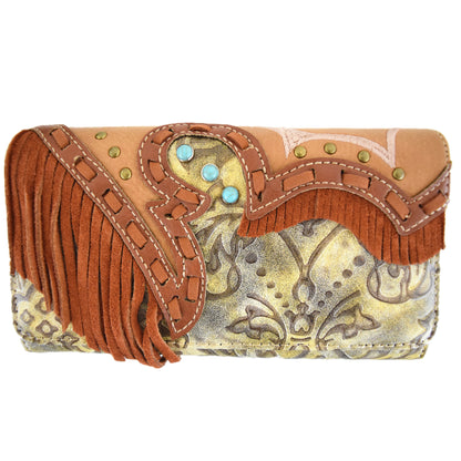 Western Style Fringe Tooled Leather Women Trifold Wallet