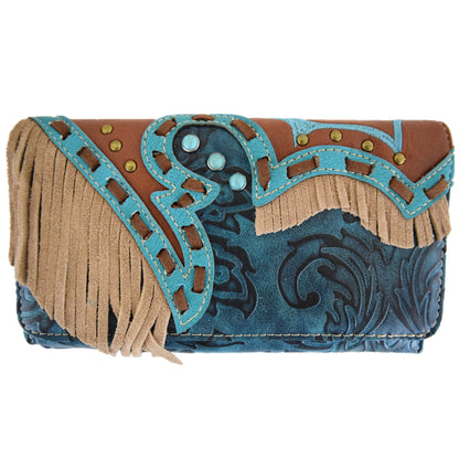 Western Style Fringe Tooled Leather Women Trifold Wallet