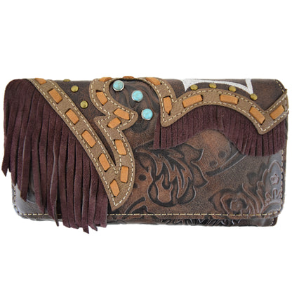 Western Style Fringe Tooled Leather Women Trifold Wallet