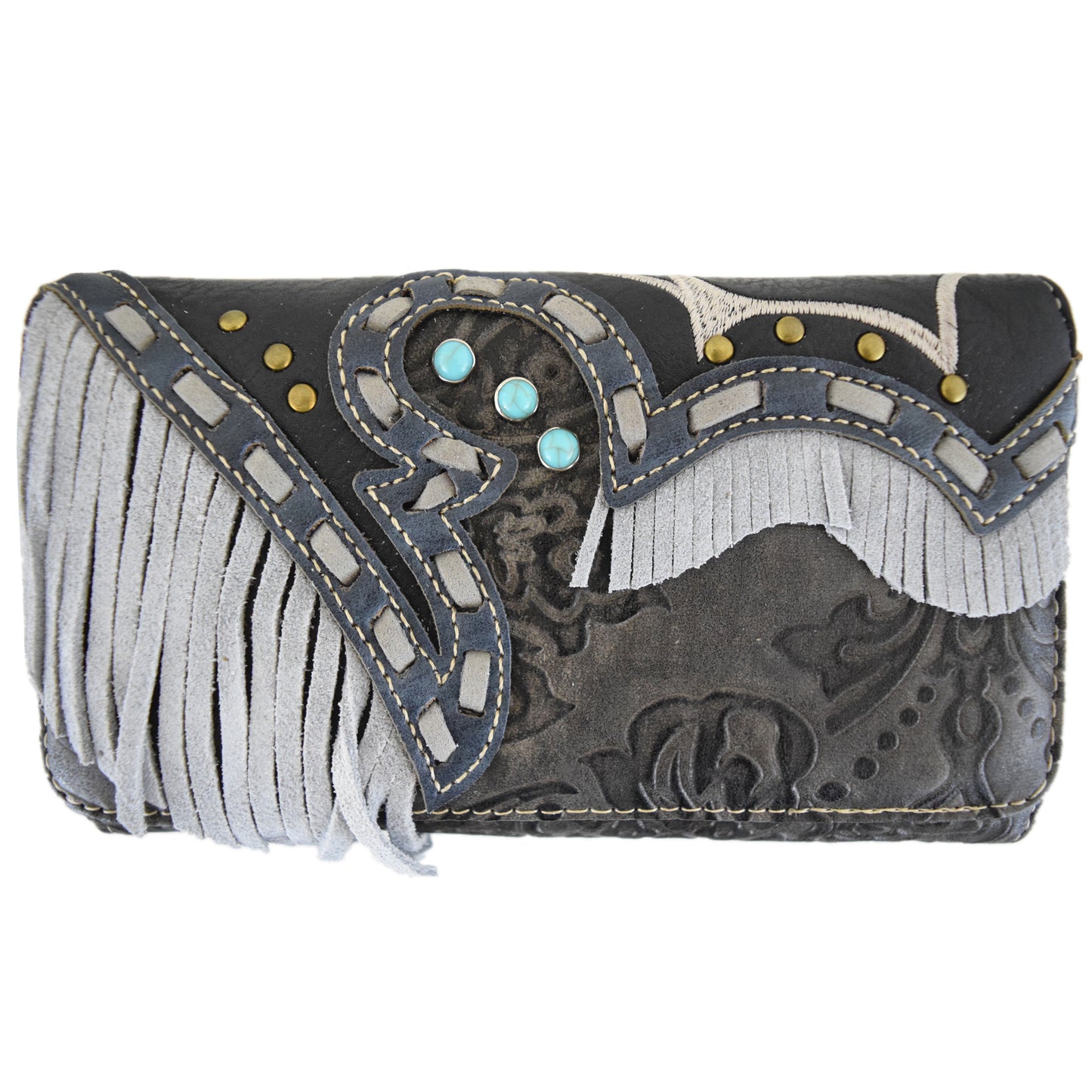 Western Style Fringe Tooled Leather Women Trifold Wallet