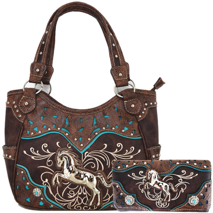 Tooled Leather Laser Cut Western Style Horse Purse with Matching Wallet Set