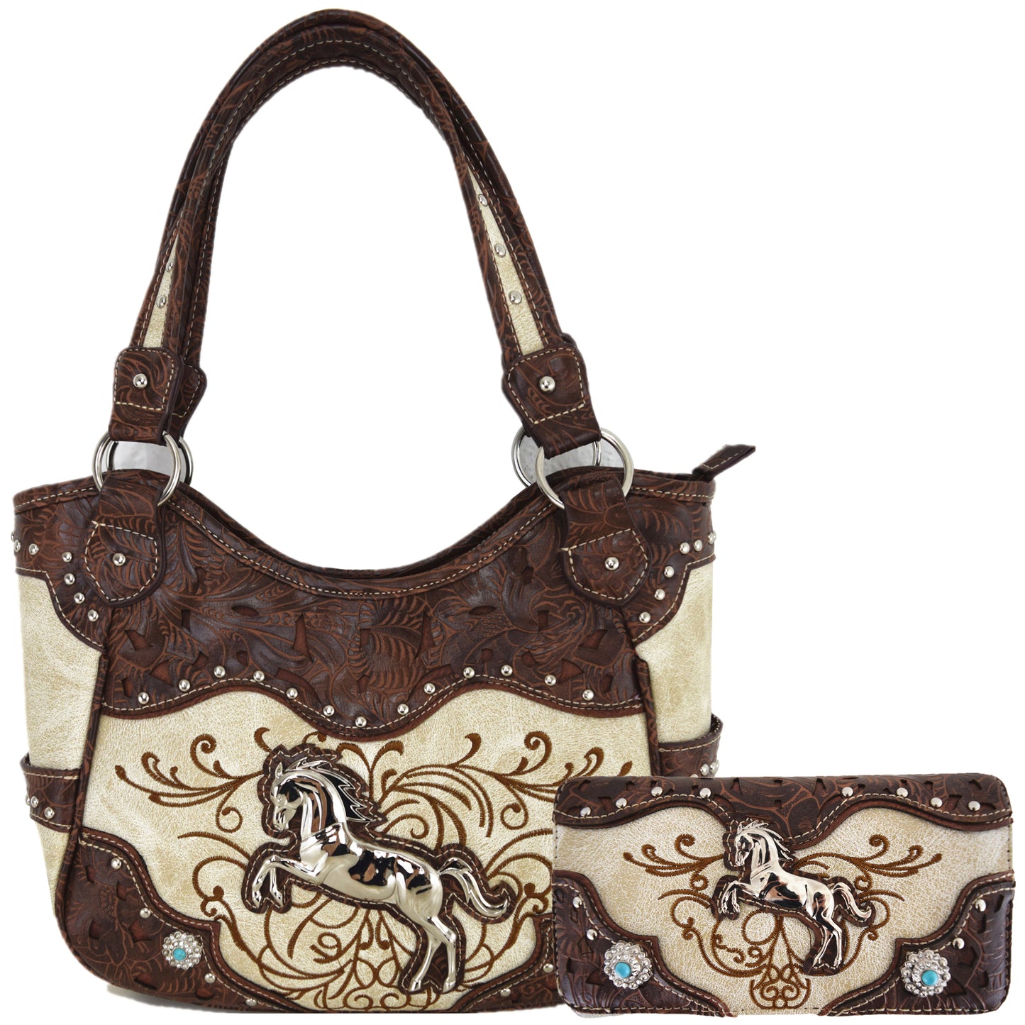 Tooled Leather Laser Cut Western Style Horse Purse with Matching Wallet Set