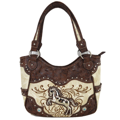 Tooled Leather Laser Cut Western Style Horse Purse with Matching Wallet Set