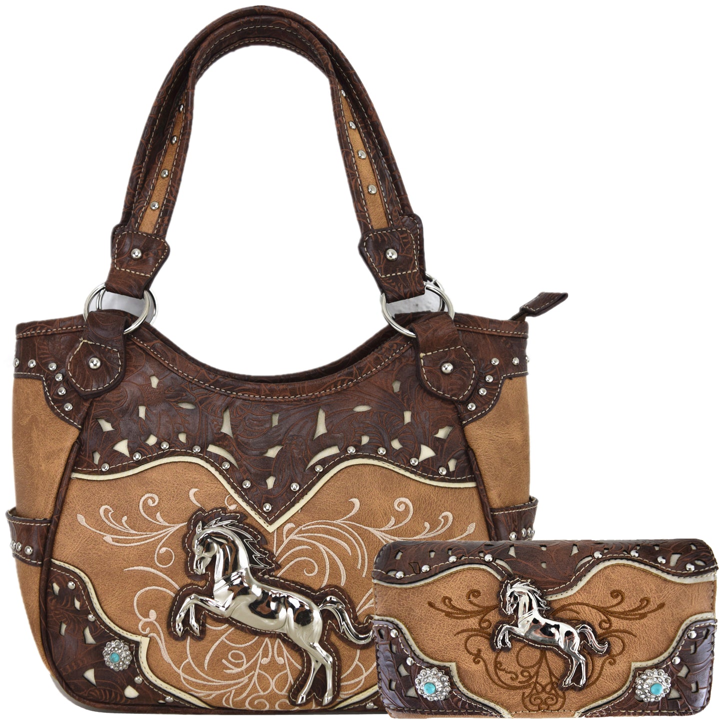 Tooled Leather Laser Cut Western Style Horse Purse with Matching Wallet Set