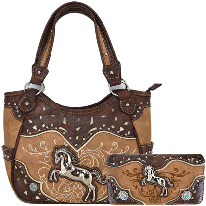 Tooled Leather Laser Cut Western Style Horse Purse with Matching Wallet Set