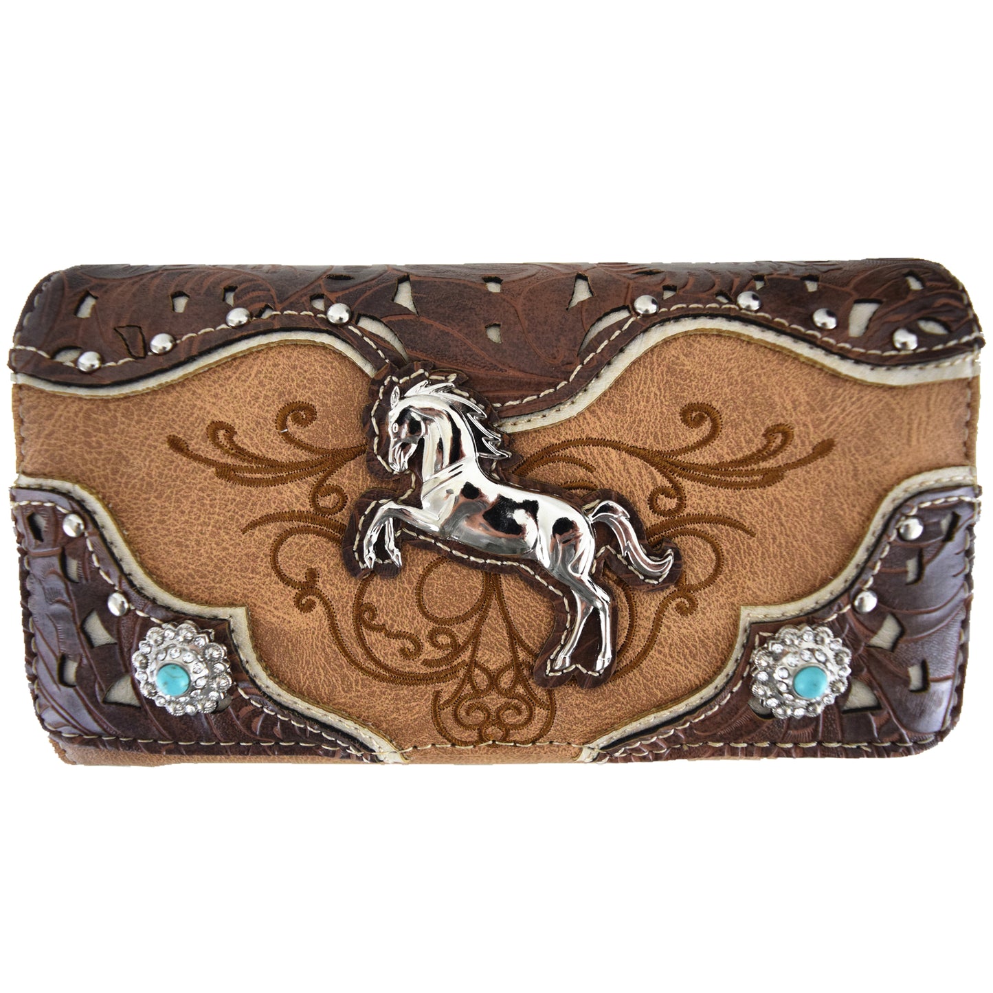 Tooled Leather Laser Cut Western Style Horse Purse with Matching Wallet Set