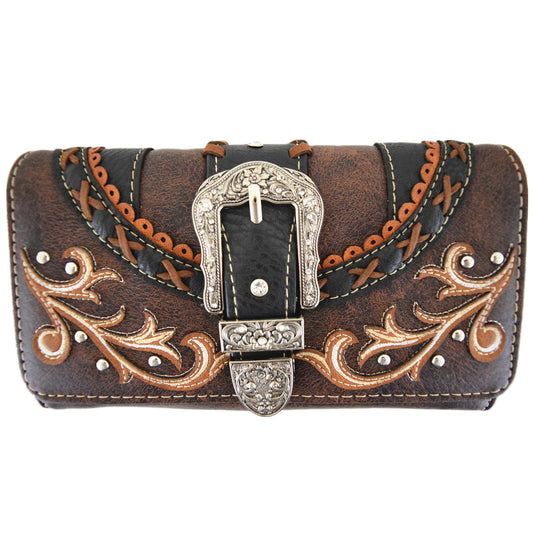 Western Style Buckle Laser Cut Floral Women Trifold Wallet