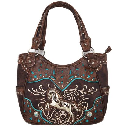 Tooled Leather Laser Cut Western Style Horse Purse with Matching Wallet Set