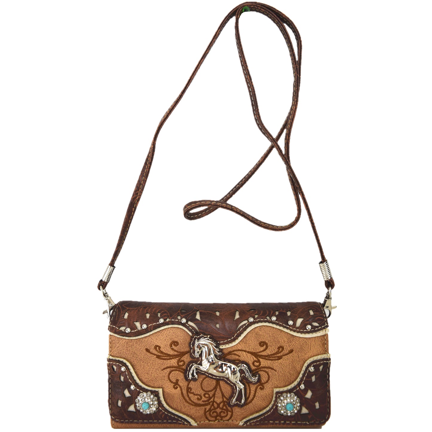 Tooled Leather Laser Cut Western Style Horse Purse with Matching Wallet Set