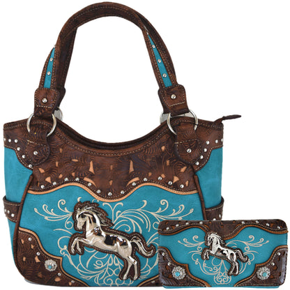 Tooled Leather Laser Cut Western Style Horse Purse with Matching Wallet Set