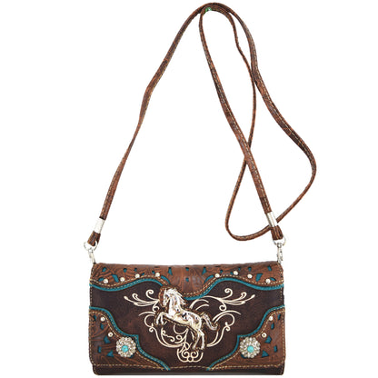 Tooled Leather Laser Cut Western Style Horse Purse with Matching Wallet Set