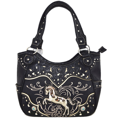 Tooled Leather Laser Cut Western Style Horse Purse with Matching Wallet Set