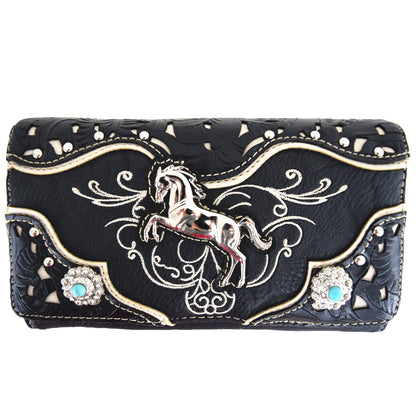 Tooled Leather Laser Cut Western Style Horse Purse with Matching Wallet Set