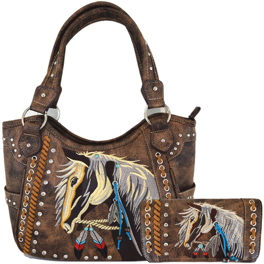 Western Style Embroidery Horse Concealed Carry Purse With Matching Wallet Set