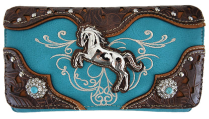 Western Style Horse Studded Floral Women Trifold Wallet