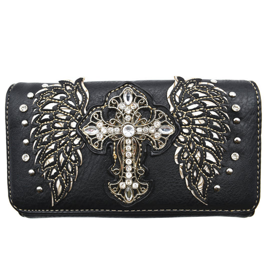 Western Style Cross Studded Winged Women Trifold Wallet