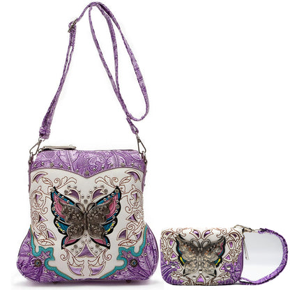 Butterfly Flower Western Style Crossbody Handbags With Mini Wallet Set