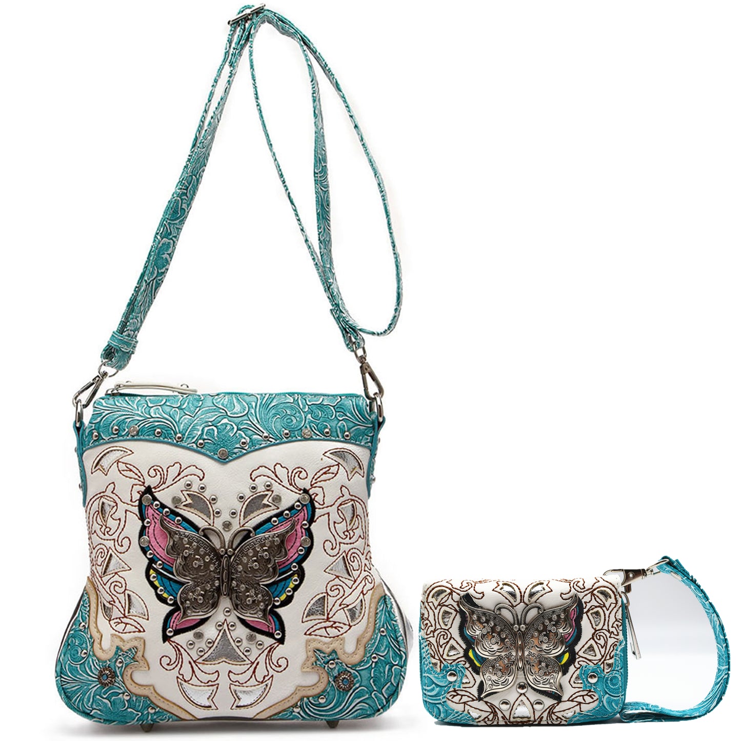 Butterfly Flower Western Style Crossbody Handbags With Mini Wallet Set