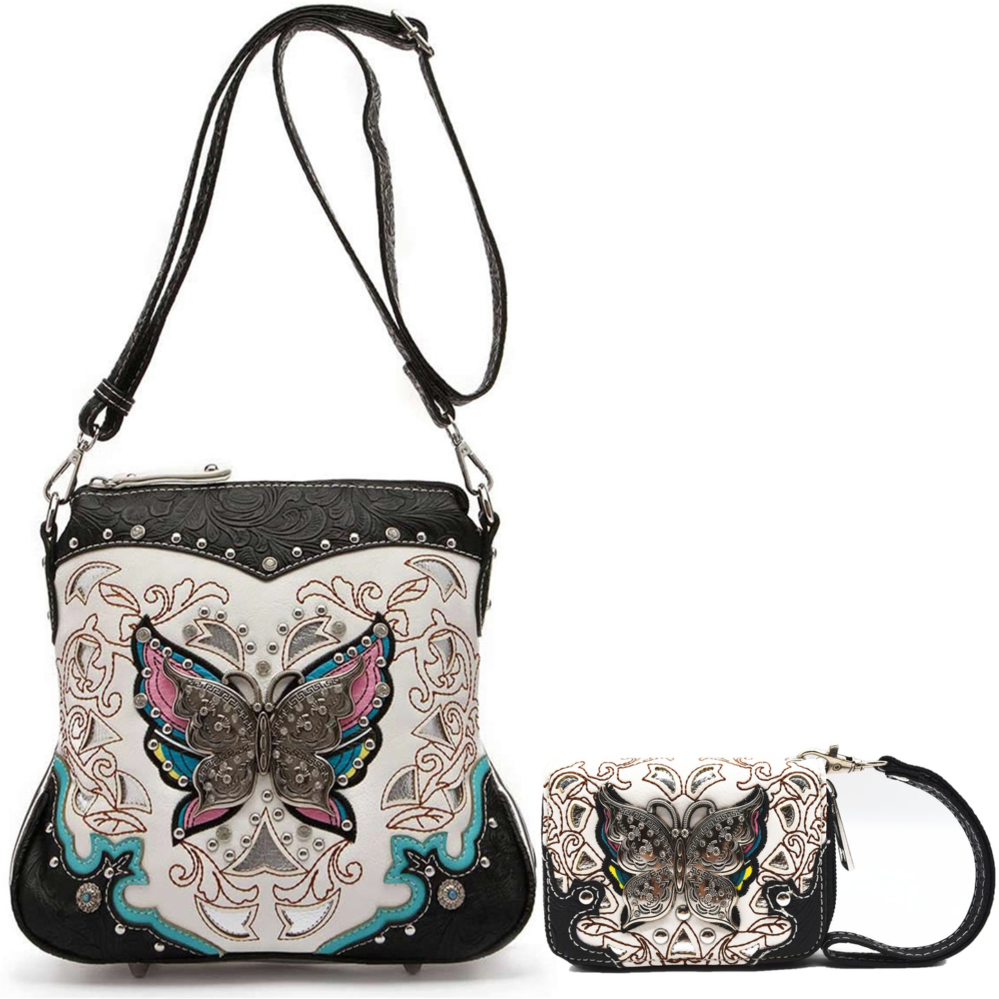 Butterfly Flower Western Style Crossbody Handbags With Mini Wallet Set