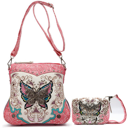 Butterfly Flower Western Style Crossbody Handbags With Mini Wallet Set