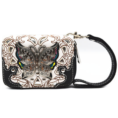 Western Style Spring Butterfly Flower Purse Set - Women's Rhinestone Stud Shoulder Bag & Wallet 4pc Set, Ivory, Large