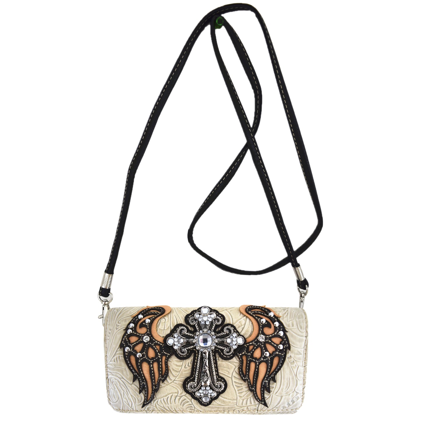 Western Style Cross Winged Tooled Leather Women Trifold Wallet