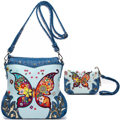 Butterfly Flower Western Style Crossbody Handbags With Mini Wallet Set