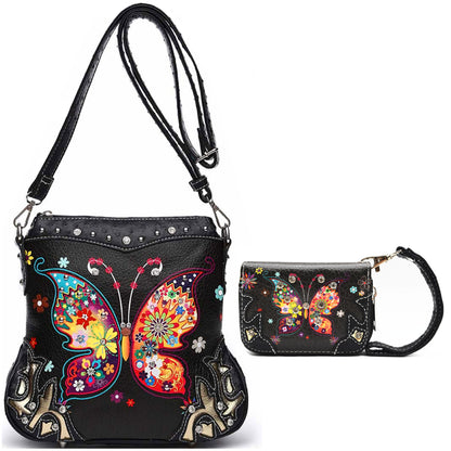 Butterfly Flower Western Style Crossbody Handbags With Mini Wallet Set